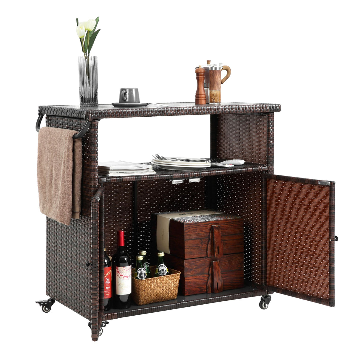 Outdoor Wicker Bar Cart, Patio Wine Serving Cart w/Wheels – Model W640P175461