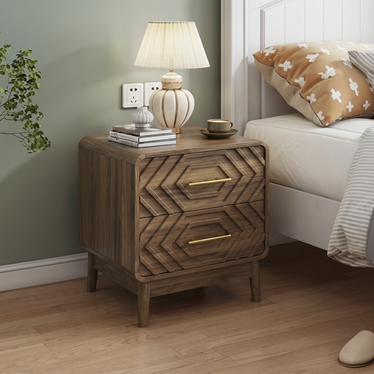 Walnut wood bedside table, double drawer bedside table with solid wood legs and gold metal handles, rounded corner end table suitable for bedroom.