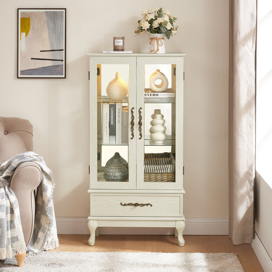Curio Cabinet Lighted Glass Cabinet Glass Wine Cabinet Curio Display Cabinet with Adjustable Glass Shelves 2 Doors and 1 drawer Cabinet – Antique White