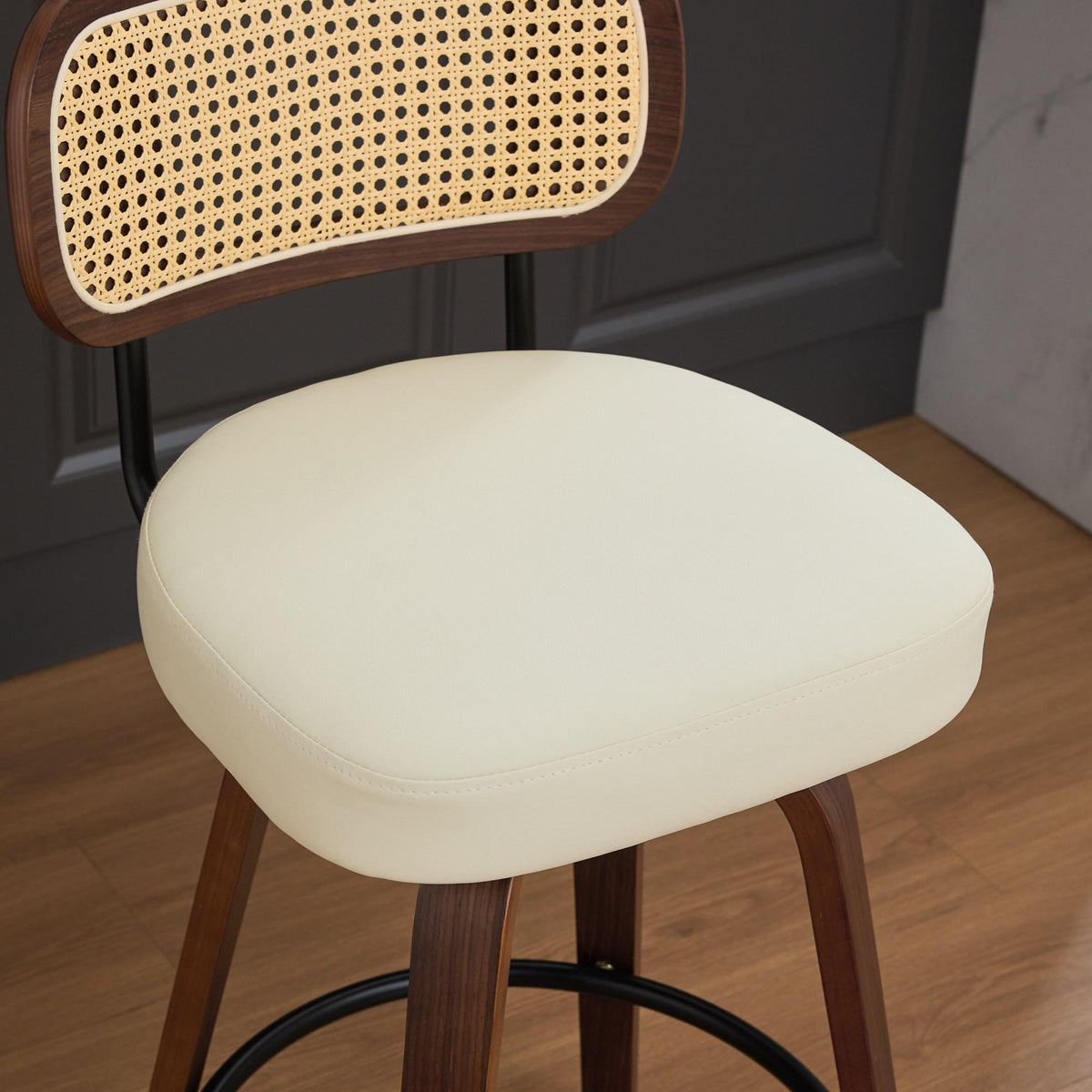 Set of 2 Counter Height Bar Stools - 26 inch Rattan Counter Height Stools with Cane Back, Upholstered Seat, Walnut Craftsmanship, Swivel Counter Stools for Island/Kitchen/Counter/Bar (Walnut /Beige)