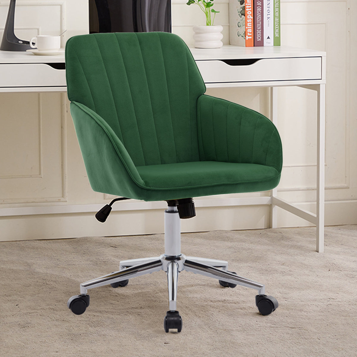 TY Adjustable Office Chair, Ergonomic Swivel Chair with Velvet Backrest Seat in Green, Comfortable for Long Sitting