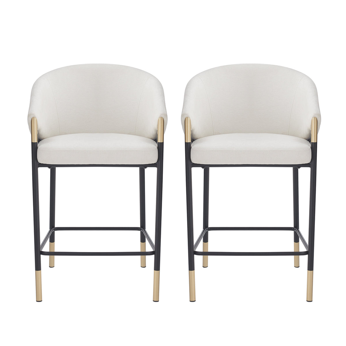 26" Seat Height, Modern Counter Stool with Curved Armrests & Gold Accents - Soft Beige Fabric, Black Metal Frame, Set of 2