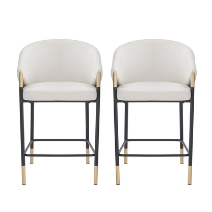 26" Seat Height, Modern Counter Stool with Curved Armrests & Gold Accents - Soft Beige Fabric, Black Metal Frame, Set of 2