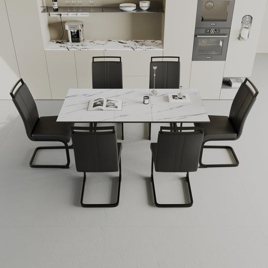 47'-63' expandable dining table set for 2-6 people, equipped with C-shaped tubular cushioned armless dining chair and an elegant and spacious dining table kitchen table and chair set, with metal legs