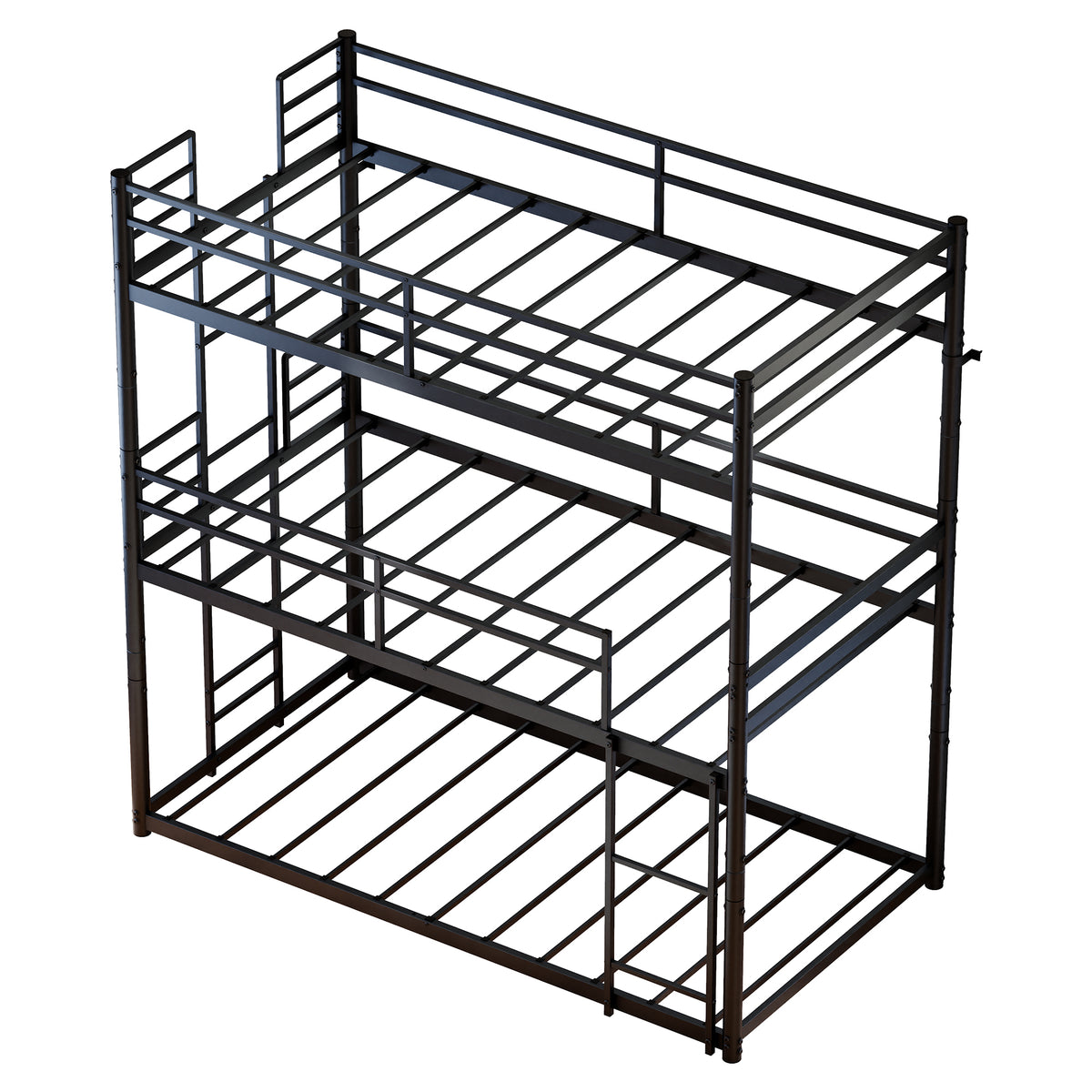Metal Triple Bunk Bed Twin over Twin over Twin, Convertible 3-in-1 Detachable Bed Frame with Anti-Tip Bracket, Guardrails, Slats Support, Noise Free, No Box Spring, Black