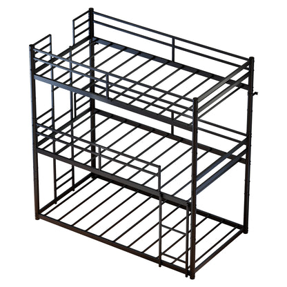 Metal Triple Bunk Bed Twin over Twin over Twin, Convertible 3-in-1 Detachable Bed Frame with Anti-Tip Bracket, Guardrails, Slats Support, Noise Free, No Box Spring, Black
