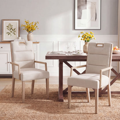 Upholstered Dining Chairs with Armrests, Beige Fabric & Natural Rubber Wood Frame, Set of 2