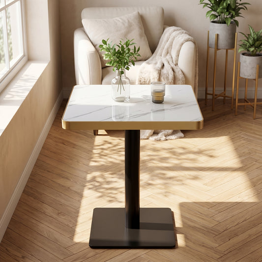 Modern White Marble Dining Table, 23.7" Square Coffee Bistro Table with Glossy UV Finish & Gold Stainless Steel Edge, 1.4" Thick MDF Top with Heavy Duty Carbon Steel Base for Small Spaces, Non-Slip Ba
