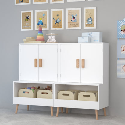 Kids Toy Storage Cabinet with Doors and Open Shelf, White Modern Wooden Organizer with Natural Wood Legs, Toddler Bookshelf