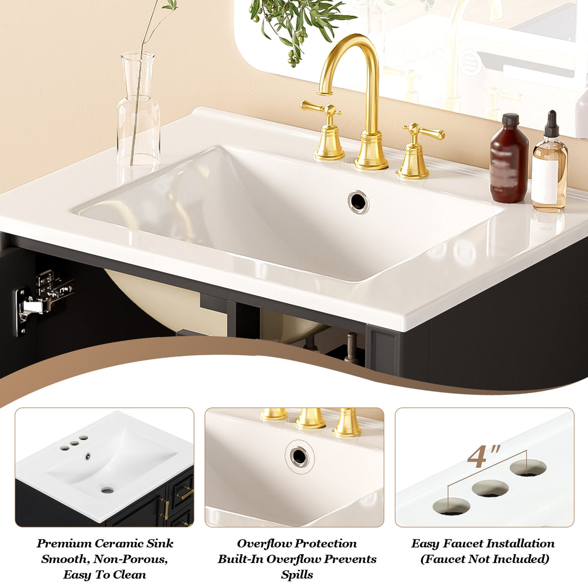 24' Modern Bathroom Vanity with Ceramic Sink, Soft-Close Door, 3 Drawers, Gold Handles, and Door-Mounted Rack for Space-Saving Storage(Old SKU:N729P373272B)