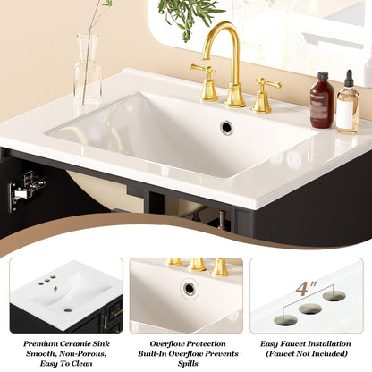 24' Modern Bathroom Vanity with Ceramic Sink, Soft-Close Door, 3 Drawers, Gold Handles, and Door-Mounted Rack for Space-Saving Storage(Old SKU:N729P373272B)