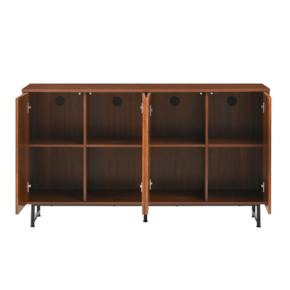 Mid-Century Modern Walnut Sideboard Buffet Cabinet, 59*16*33 inches Geometric Carved Storage Cabinet with Metal Legs, Multi-Purpose Credenza