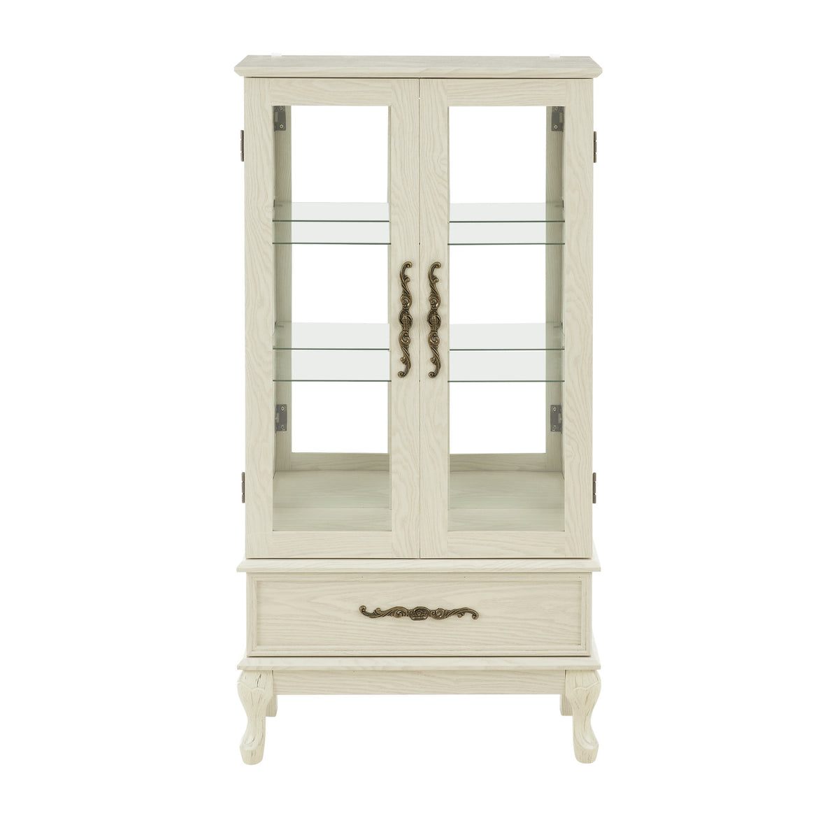 Curio Cabinet Lighted Glass Cabinet Glass Wine Cabinet Curio Display Cabinet with Adjustable Glass Shelves 2 Doors and 1 drawer Cabinet – Antique White