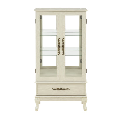 Curio Cabinet Lighted Glass Cabinet Glass Wine Cabinet Curio Display Cabinet with Adjustable Glass Shelves 2 Doors and 1 drawer Cabinet – Antique White