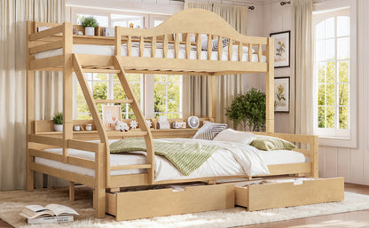 Twin XL Over Queen Bunk Bed with Storage Drawers, Chic Curved Guardrail & Side Storage Shelves, solid wood Bunk Bed Frame with Ladder, No Box Spring Needed. Natural