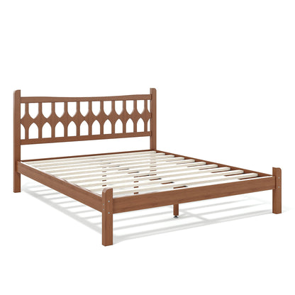 Queen Size Bamboo Platform Bed with Diamond-shaped headboard, Solid Bamboo-made Bed Frame with Support Slats, for Bedroom, Guest Rooms, Brown