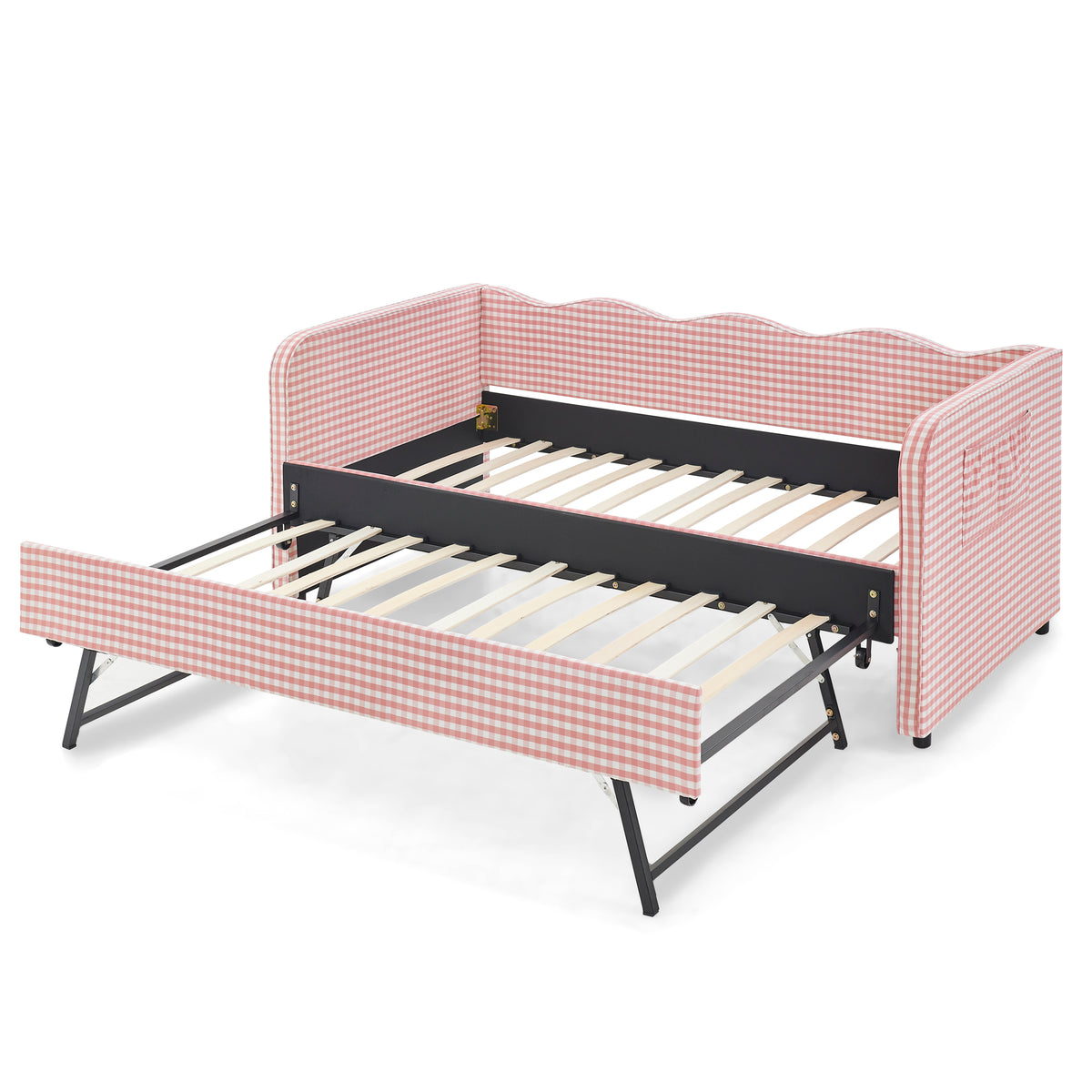 Twin‑Size Daybed, Gingham Upholstered 3‑in‑1 Versatile Convertible Sofa Bed with Pull‑Out Trundle & Side Storage Pockets, Ideal for Multiple Room Layouts and Small‑Space Living-Pink