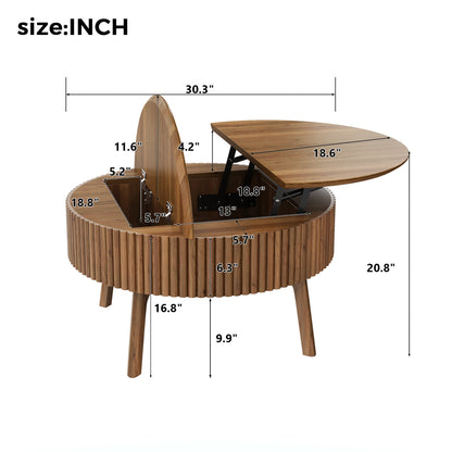 Modern Round Lift-Top Coffee Table with Half Flip-Top & Hidden Storage, Solid Wood Mid-Century Coffee Table with Fluted Design, 30.3' Walnut Space-Saving Center Table for Living Room