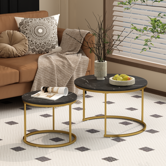 27.6in Nesting Coffee Table Set of 2, Round Coffee Table Wood Marble Pattern Top with Sturdy Metal Frame, End Table Side Tables for Living Room Bedroom Balcony Yard (Black)