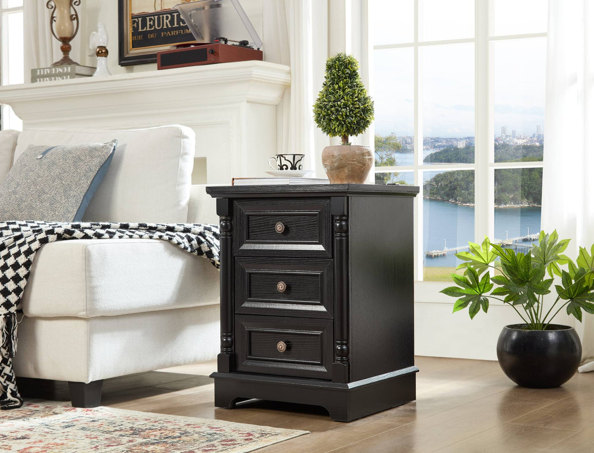 Farmhouse Style 3 Drawer Sofa Side Table with Charging Pedestal, Tall Rustic Wood Square Nightstand with Wooden Base and Roman Posts Rustic Chest of Drawers for Living Room, Bedroom, Office