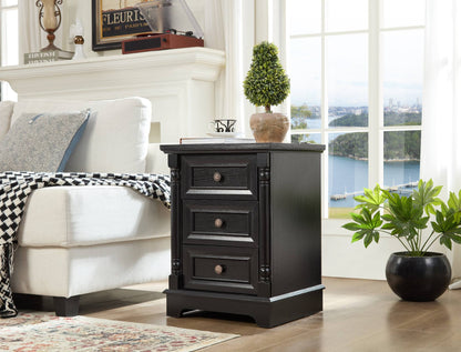 Farmhouse Style 3 Drawer Sofa Side Table with Charging Pedestal, Tall Rustic Wood Square Nightstand with Wooden Base and Roman Posts Rustic Chest of Drawers for Living Room, Bedroom, Office