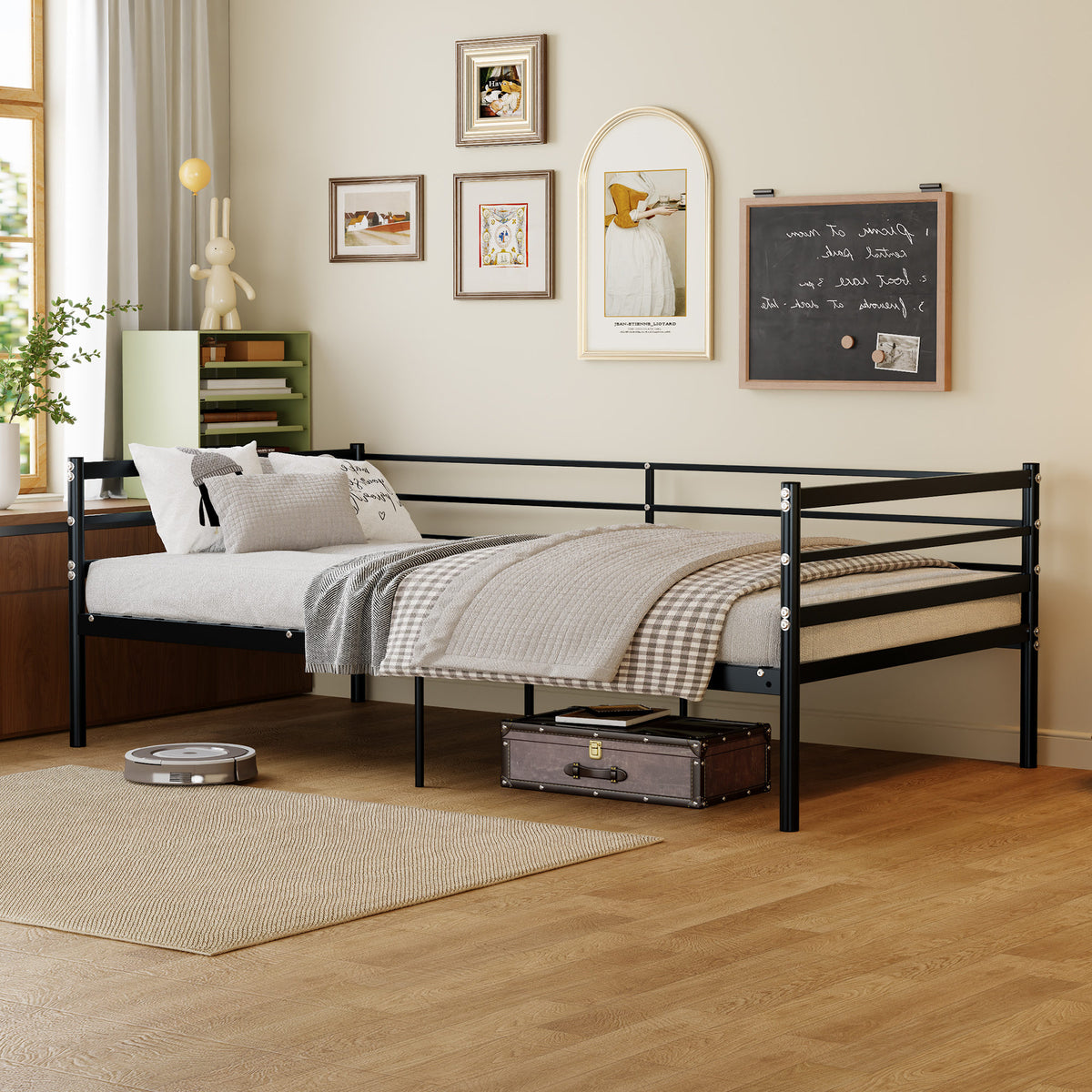 Twin Metal Bed Frame, Heavy-Duty Steel Platform Bed with 11.8-Inch Guardrails, 600 lb Capacity, 10.94-Inch Under-Bed Clearance, No Box Spring Needed, Black