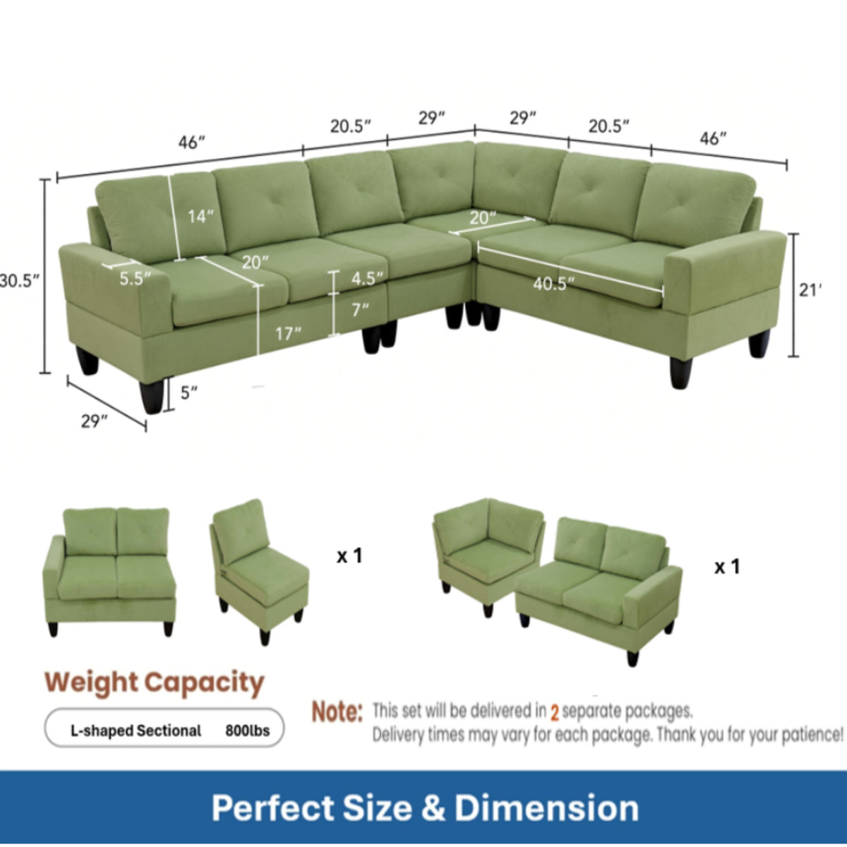 95.5 x 75 Inches Width Apple Green Modular L-Shaped Sectional Sofa 6-Seater 4-Piece Massa Flannel  Fabric Couch with Chaise
