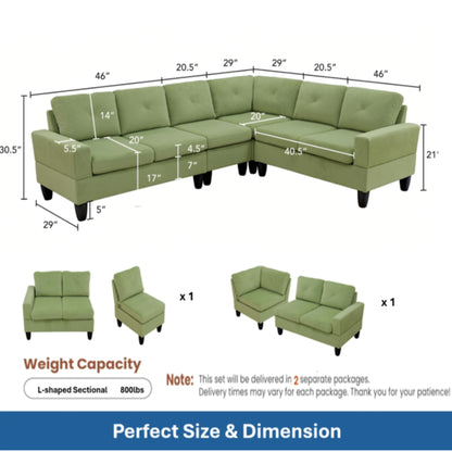 95.5 x 75 Inches Width Apple Green Modular L-Shaped Sectional Sofa 6-Seater 4-Piece Massa Flannel  Fabric Couch with Chaise