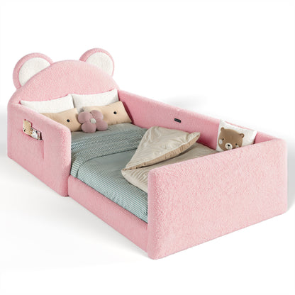 Twin Upholstered Kids Bed, Cute BearShaped Upholstered Floor bed, Children Bed Frame with Removable MagicTape Headboard, Low Floor Bed for Kids,White&Pink
