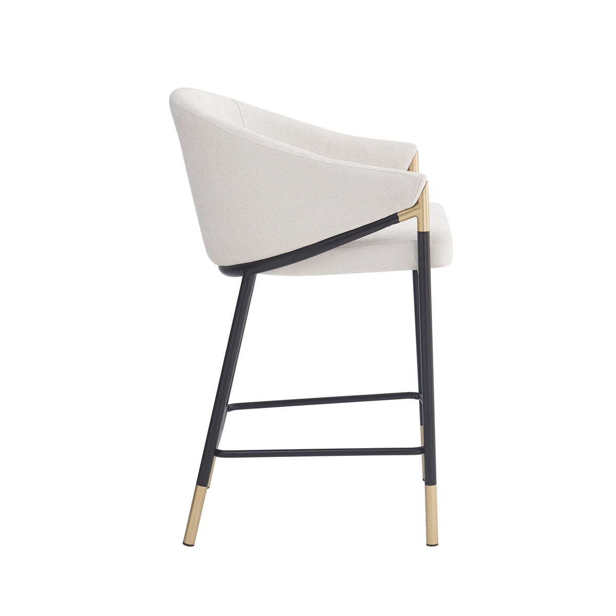 26" Seat Height, Modern Counter Stool with Curved Armrests & Gold Accents - Soft Beige Fabric, Black Metal Frame, Set of 2
