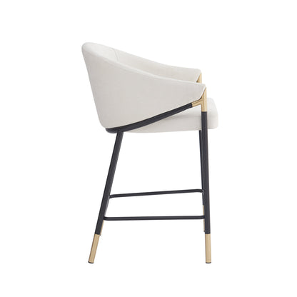 26" Seat Height, Modern Counter Stool with Curved Armrests & Gold Accents - Soft Beige Fabric, Black Metal Frame, Set of 2