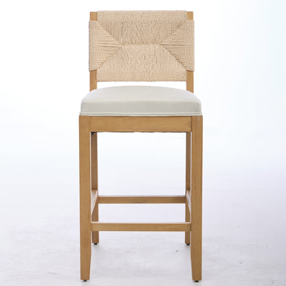 Hand‑Woven Rattan Counter Height Bar Stools Set of 2, 27 Inch Seat Height, Linen Upholstered Barstools with S‑Spring & High‑Density Sponge Cushion, Solid Wood Frame for Kitchen Island,SW1872MT