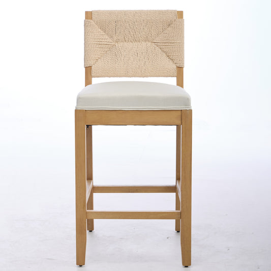 Hand‑Woven Rattan Counter Height Bar Stools Set of 2, 27 Inch Seat Height, Linen Upholstered Barstools with S‑Spring & High‑Density Sponge Cushion, Solid Wood Frame for Kitchen Island,SW1872MT