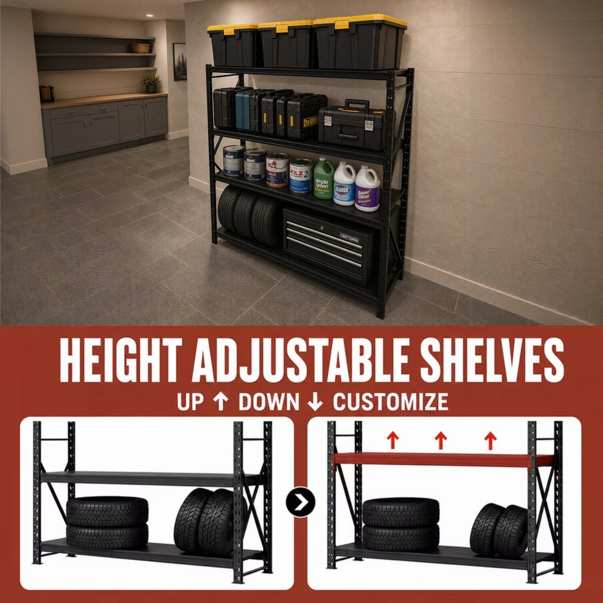4-Tier Heavy Duty Storage Shelves, 70.87"W x 23.62"D x 71.26"H Metal Shelving Unit, 6000 LBS Capacity Industrial Steel Utility Rack, Adjustable Garage Shelving for Basement, Warehouse - Black