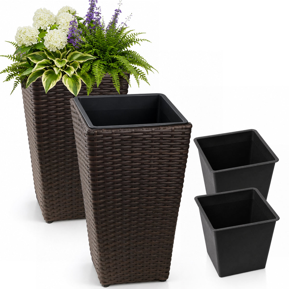 SOLHOME 19.7" Tall Poly Rattan Planter, Brown Tapered Plant Pot with Steel Frame – Indoor Outdoor Decorative Planter with PP Insert, Set of 2 Planters