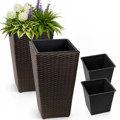 SOLHOME 19.7" Tall Poly Rattan Planter, Brown Tapered Plant Pot with Steel Frame – Indoor Outdoor Decorative Planter with PP Insert, Set of 2 Planters