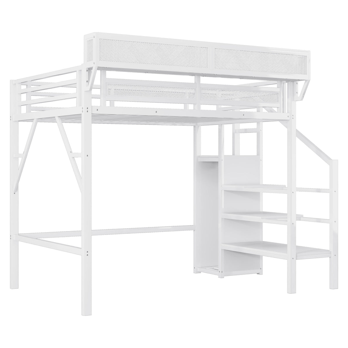 Twin XL Size Loft Bed with Stairs, Metal Full Loft Bed with Storage Shelves, High Loft Bed with Wardrobe for Kids Teens,White(Old Sku W2580S00050)
