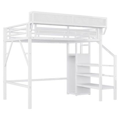 Twin XL Size Loft Bed with Stairs, Metal Full Loft Bed with Storage Shelves, High Loft Bed with Wardrobe for Kids Teens,White(Old Sku W2580S00050)
