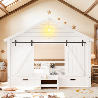 Twin Size Farmhouse Bed with Sliding Barn Door and Light Bulb, Wood house Bed Frame with Stair and Drawers, White