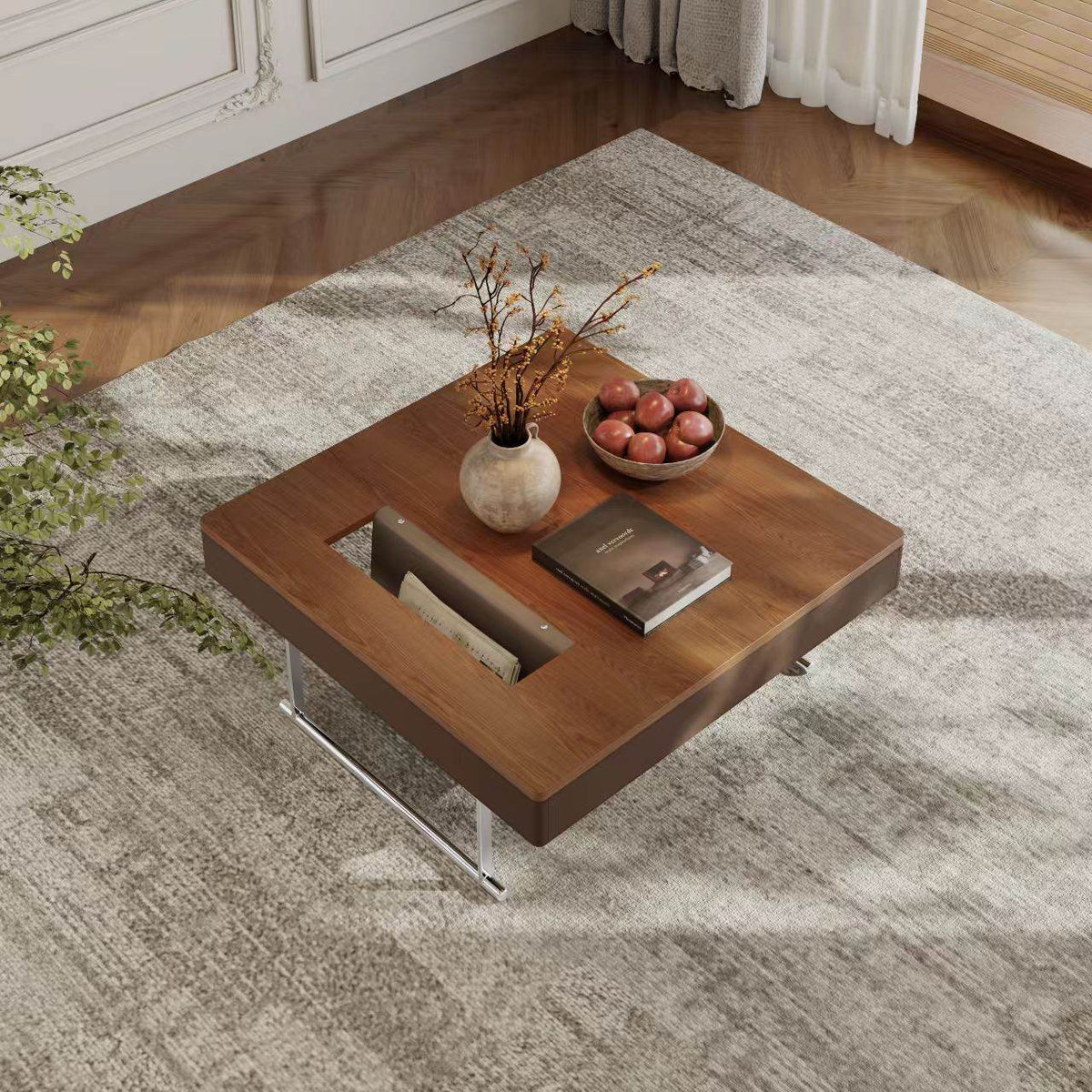 35.43" Square Walnut Coffee Table with Thickened Tabletop, Saddle Leather-Wrapped Edge and Polished Stainless Steel Base, Modern Cocktail Table for Living Room