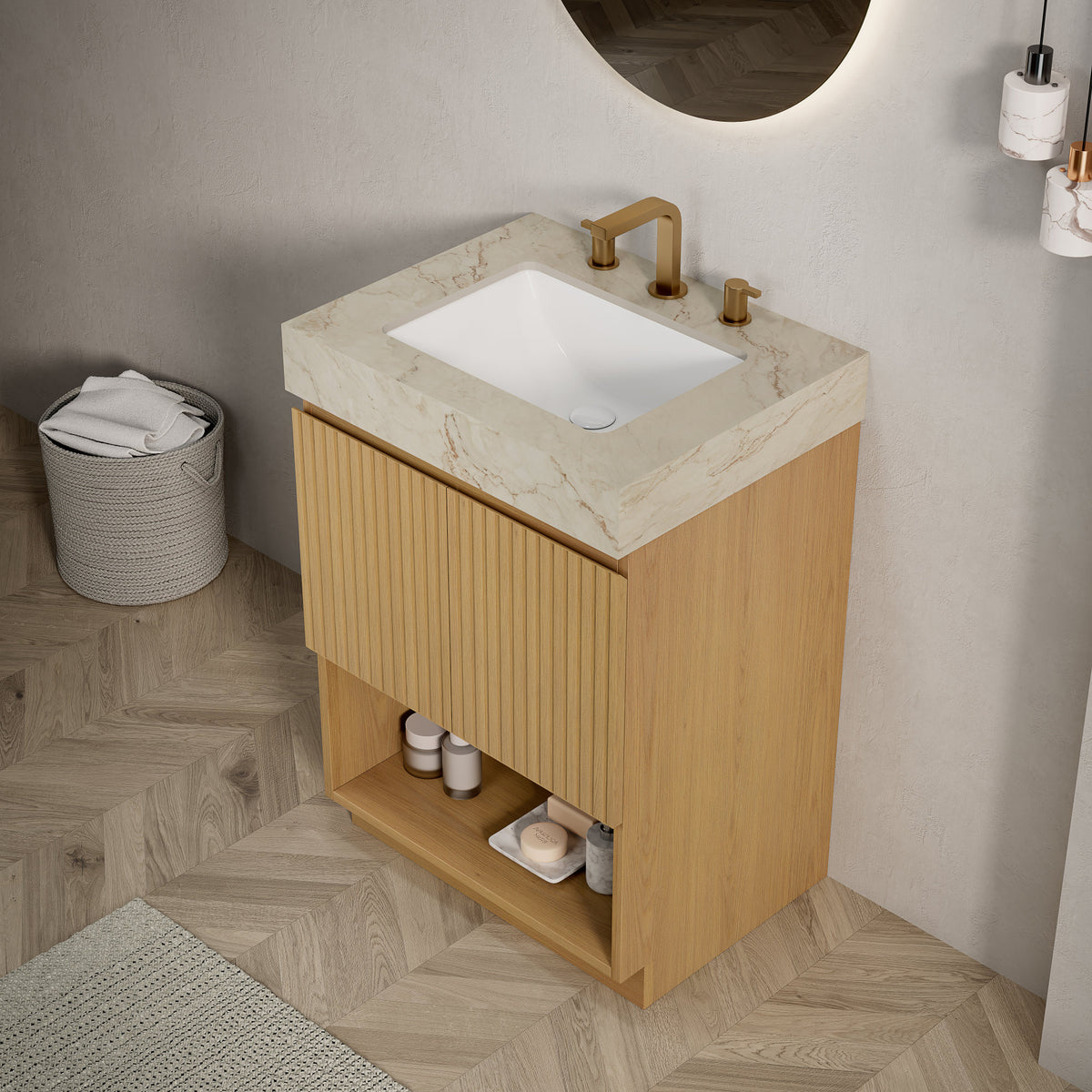 FINO 24" Bathroom Vanity&Sink,Freestanding Cabinet,Cream Gold Vein Sintered Stone Top&Ceramic Basin with 3 Pre-drilled Faucet Holes, Disassembled, Faucet & Drain Excluded, Corolla Oak Woodgrain Color