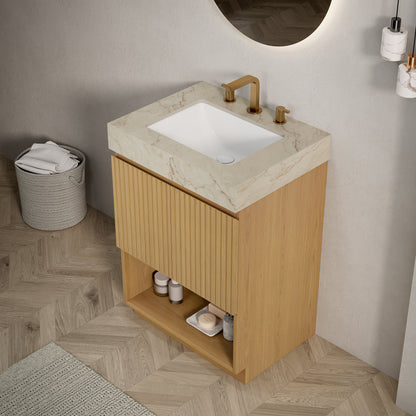 FINO 24" Bathroom Vanity&Sink,Freestanding Cabinet,Cream Gold Vein Sintered Stone Top&Ceramic Basin with 3 Pre-drilled Faucet Holes, Disassembled, Faucet & Drain Excluded, Corolla Oak Woodgrain Color