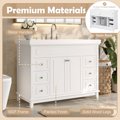 46" Bathroom Vanity without Sink, Cabinet Only, Soft-Close 6 Drawers & Double Doors with 2-Tier Shelves, Solid Pine Legs, White (Same SKU: N759P351752K)