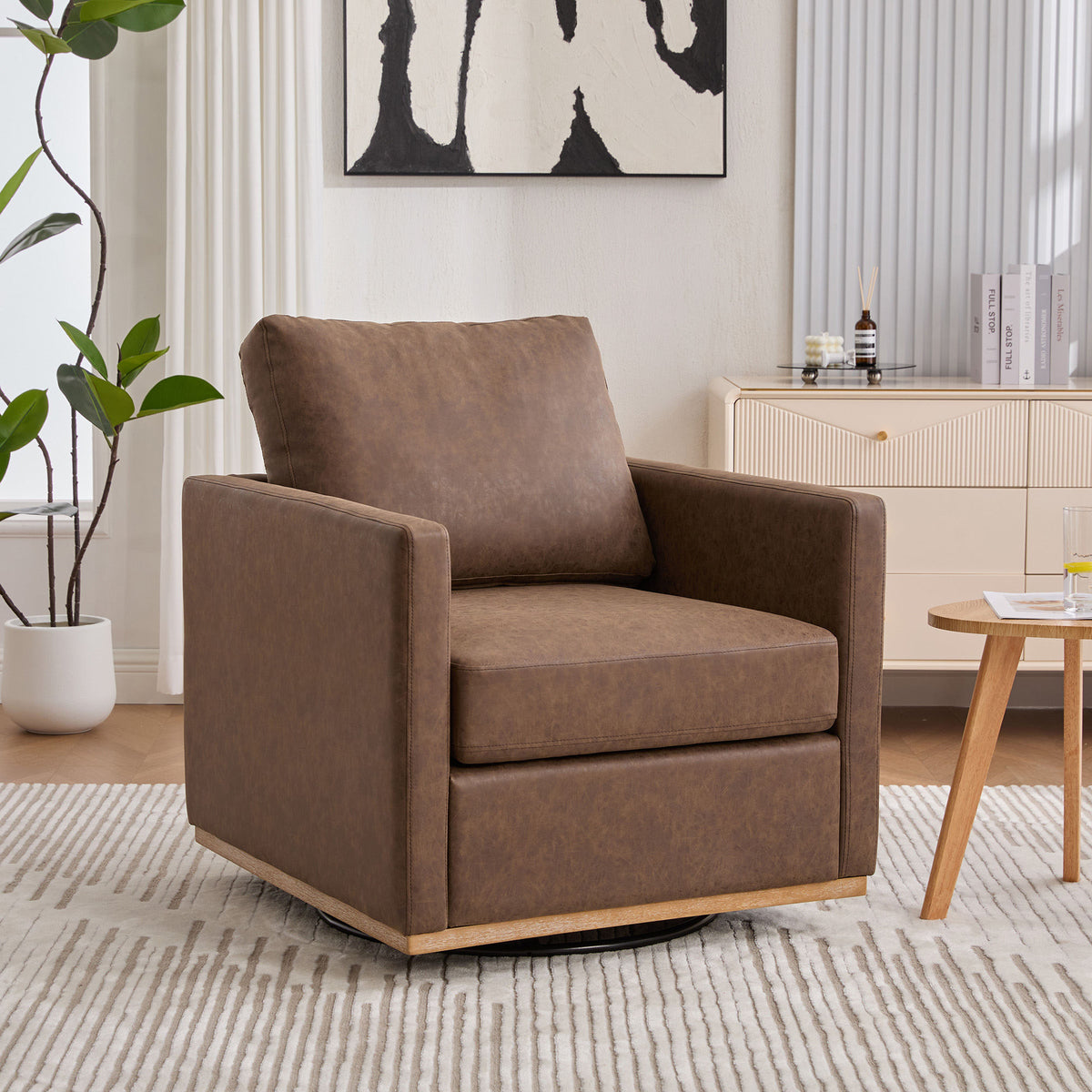 30.5"W Upholstered Square Swivel Accent Chair and Comfy Accent Single Sofa Chair, 360 Degree Club Chair, Lounge Armchair for Living Room Bedroom Apartment Nursery. Coffee PU