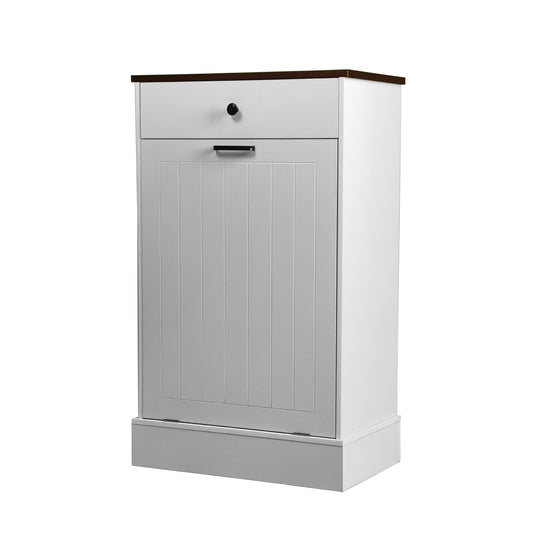 Tilt Out Trash Cabinet with Drawer, 10 Gallon Farmhouse Hamper for Kitchen & Living Room, White MDF
