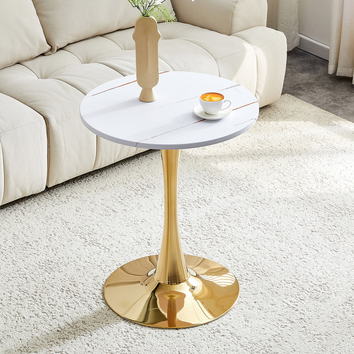 Round Dining Table, 23.6' Circle Tulip Table with Thickened Tabletop & Metal Pedestal, Mid Century Modern Bistro Table for Kitchen, Small Places, Living Room, Cafe (White)W2920P395717
