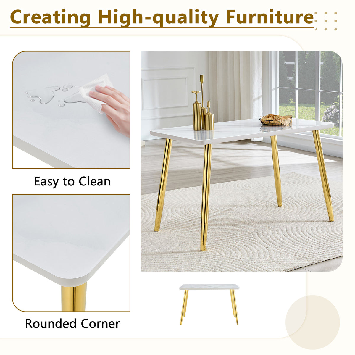 Modern minimalist rectangular dining table, suitable for 4-6 people. Tempered glass countertop+lower MDF board, imitation marble texture – Model W1151S04622