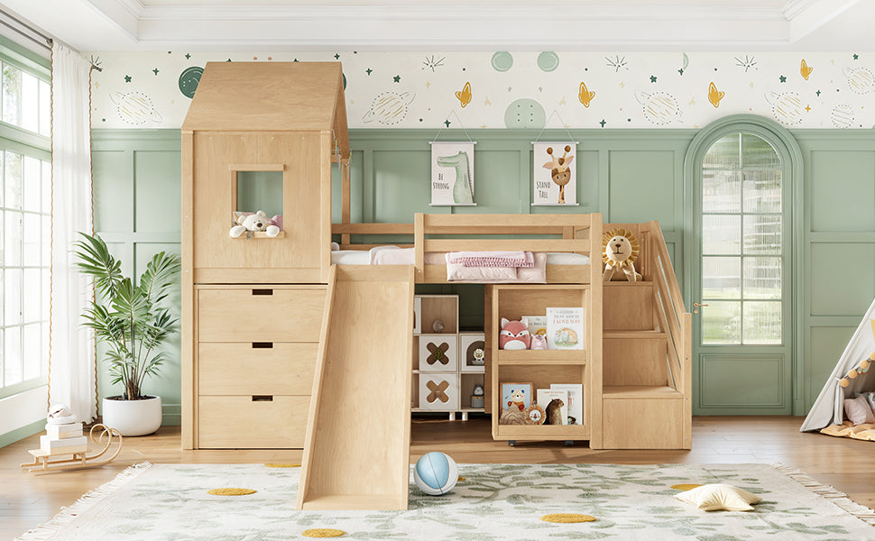 Twin Playhouse Loft Bed with Integrated Storage Drawers, Open Stair Shelves & Pull Out Desk, Kids Low House Loft Bed with Slide and Play Window, Natural