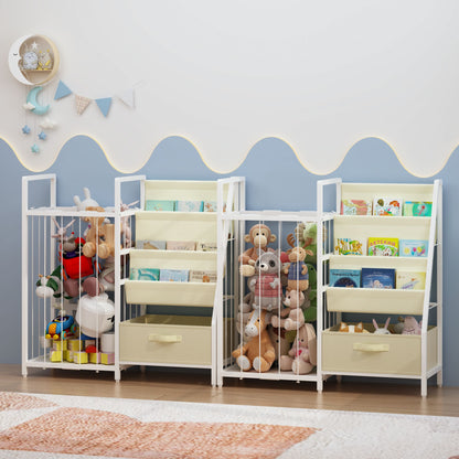 Kids Bookshelf and Toy Storage Organizer, Dual-Sided Children Bookshelf with Figure Display Storage and Book Sling Pockets, Toy Organizer for Playroom, Bedroom and Nursery