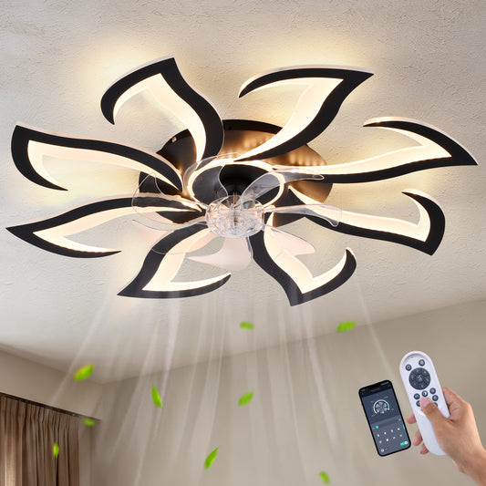 Black Flower Modern Ceiling Fan with LED Dimmable Light, 32inch Flush Mount Ceiling Fan with Remote Control for Bedroom, High-Efficiency DC Motor, 6-Speeds, Timing Function